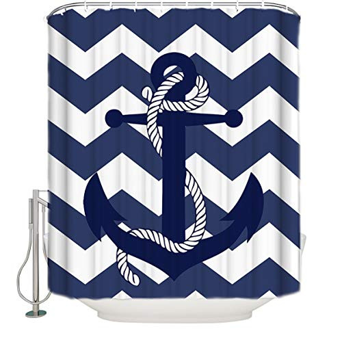 Infinidesign Shower Curtain with Hooks Bathroom Waterproof Mildew Resistant Nautical Anchor Zigzag Chevron Blue and White Waves Extra Long Polyester Fabric Bath Curtain 54"(w) x 78"(h)