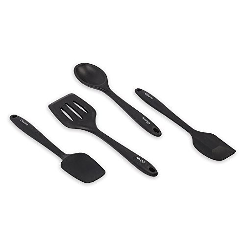 Silicone Spatula Set of 4 Piece with Black Silicone Spatula Scraper, Soup Spoons, Slotted Turner, Soup Ladle for Kitchen, Cooking - Black