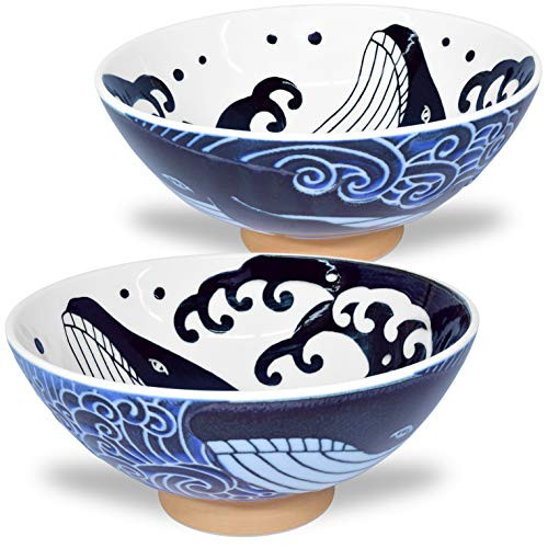 Mino Ware Japanese Rice Bowl Rice Ramen Noodle Soup Sarada Pasta Wave Whale Chawn 57 inch 175oz Set of 2