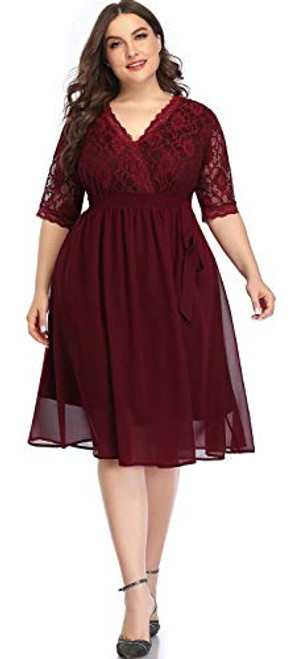 Pinup Fashion Plus Size Dresses for Women Wrap Dress Floral Lace V Neck Midi Dress Cocktail Party Wedding Swing Dress with Belt