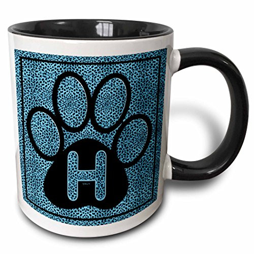 3dRose Letter H Blue Cheetah Print Cat Paw Ceramic Mug 11oz BlackWhite
