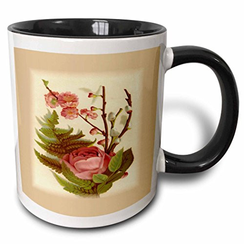 3dRose Print of Vintage Rose With Cotton Twig Ceramic Mug 11oz BlackWhite