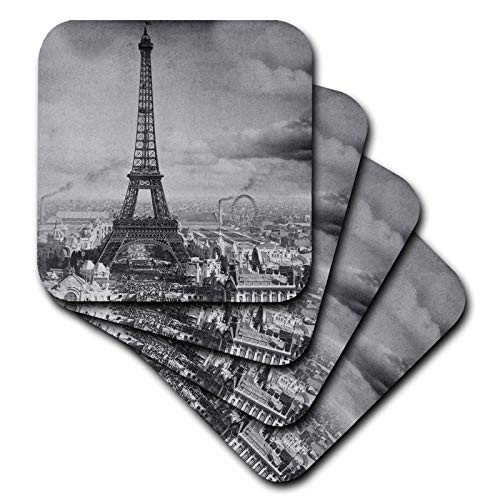 3dRose Scenes from The Past Eiffel Tower Paris France 1889 Black and White Coaster Soft Set of 8