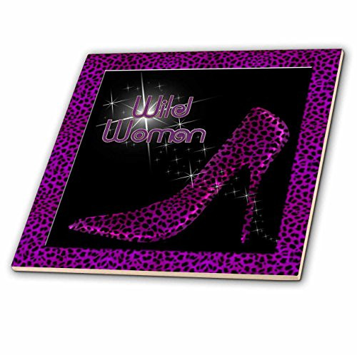 3dRose ct218077 Purple Cheetah Print Wild Woman Stiletto Pump and Bling Glass Tile 8Inch