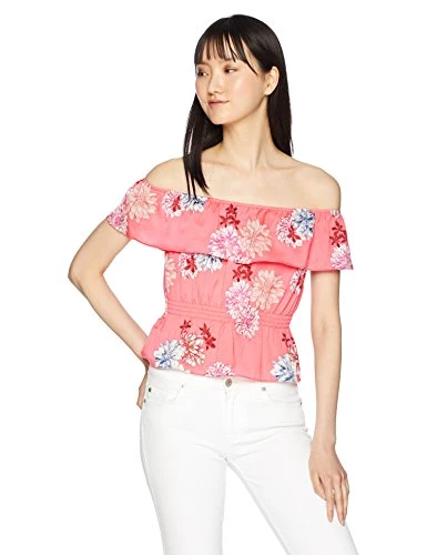 BB Dakota Womens Jayna Off The Shoulder Print Top Bright Pink Medium