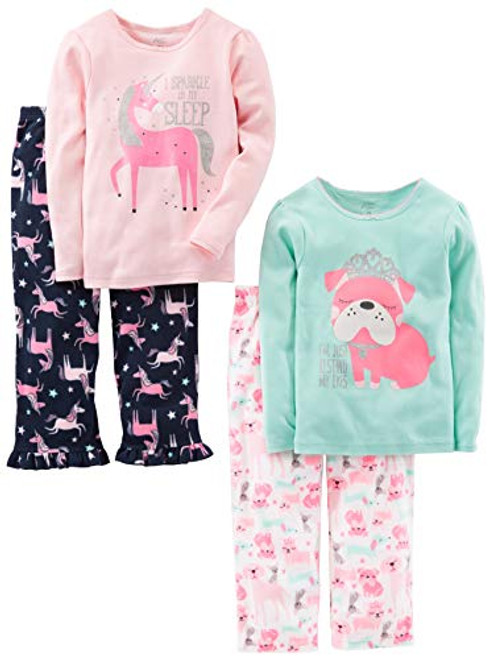 Simple Joys by Carters Girls Little Kid 4Piece Pajama Set Cotton Top  Fleece Bottom PuppyUnicorn 7