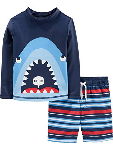 Simple Joys by Carters Boys 2Piece Swimsuit Trunk and Rashguard Blue Shark 18 Months