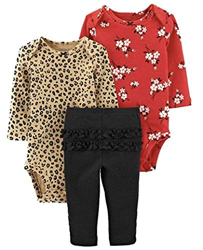 Carters 3 Piece Leopard  Floral Bodysuit Pant Set Newborn RedBlack