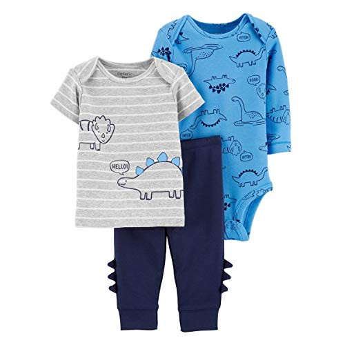 Carters Baby Boys 3Piece Bodysuit Tee and Pants Set Blue Dinosaur Preemie