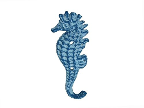 Handcrafted Nautical Decor Rustic Light Blue Whitewashed Decorative Cast Iron Wall Hook Seahorse Hook, 5" - Rustic Wall Art
