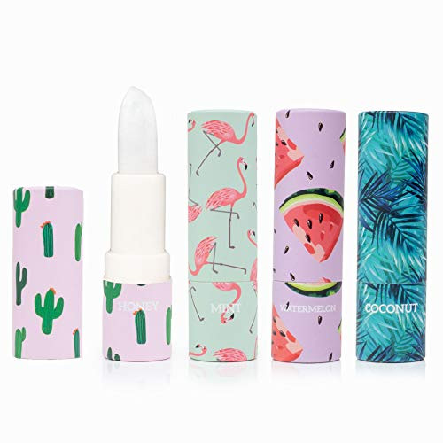 Beauty Concepts Four Piece Lip Balm Collection with Shea Butter Tropical Crush Moisturizing Lip Balm Honey Mint Watermelon Coconut