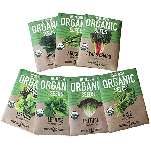 Organic, Heirloom, Non-GMO, Garden Seeds  7 Varieties of Vegetable Leafy Power Greens  Arugula, Kale, Lolla Rossa Lettuce, Buttercrunch Lettuce, Gourmet Mix Lettuce, Spinach, Swiss Chard