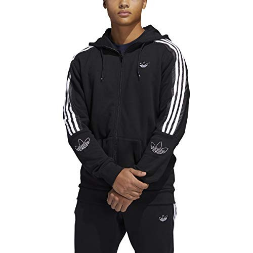 adidas Originals Mens Outline Hoodie 3Stripes Zipper Black BlackWhite XLarge