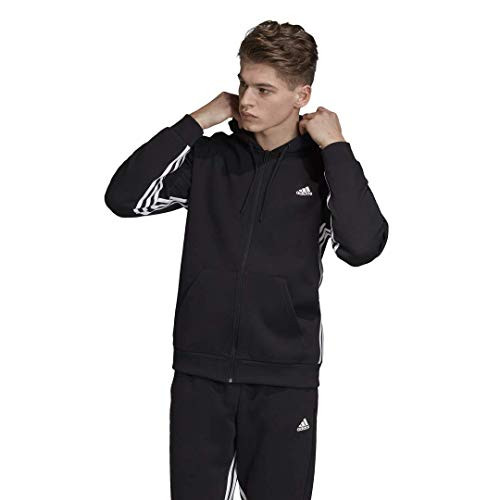 adidas Mens Must Haves 3Stripes FullZip Hoodie BlackWhite XLarge