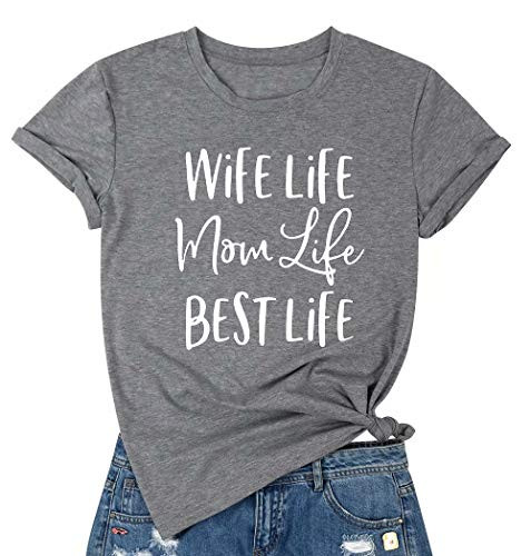 Wife Life Mom Life Best Life for Women Funny Graphic Letter Print Short Sleeve TShirt Tops Size XL Gray