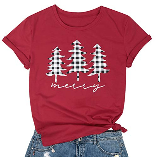 Merry Christmas Shirt Womens Cute Plaid Christmas Tree Print TShirts Casual Short Sleeve Tee Tops Red Merry Christmas Shirt Womens Cute Plaid Christmas Tree Print TShirts Casual Short Sleeve Tee Tops Red