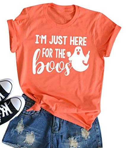 ASTANFY Im Just Here for The Boos Letters Print TShirt Halloween Ghost Graphic Printed Short Sleeve T Shirt Size XL As Shown