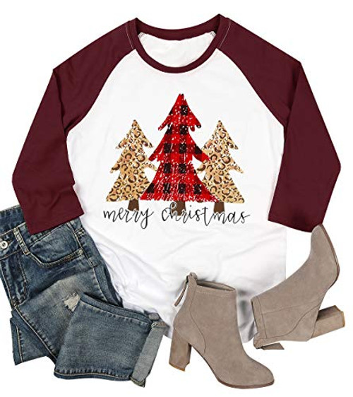 Plus Size Merry Christmas T Shirt Women Leopard Plaid Tree Shirts Raglan 34 Sleeve Baseball Tees Tops White