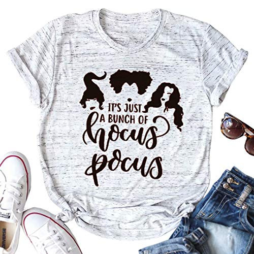 Its Just A Bunch of Hocus Pocus Halloween TShirt Women Short Sleeve Sanderson Sisters Shirt Casual Fall Tee Top L Light Gray
