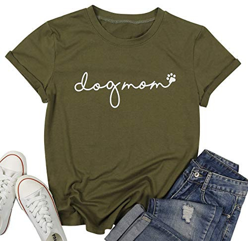 Dog Mom T Shirt Womens Funny Paw Graphic Tee Cute Letter Printed Shirt Dog Lover Gift Tops Green