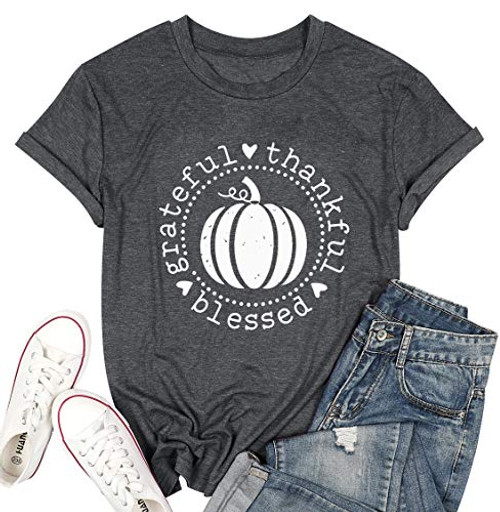 Grateful Thankful Blessed Halloween Shirt Women Cute Pumpkin Graphic Letter Print TShirt Short Sleeve Fall Thanksgiving Tee L Gray