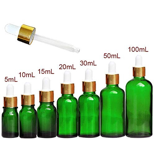 4PCS Green Glass Bottles With Glass Eye Droppers Empty Refillable Essential Oil Perfume Aromatherapy Vial Pot Liquid Containers Jars with White Ruuber Cap and Gold Circle 10ml034oz