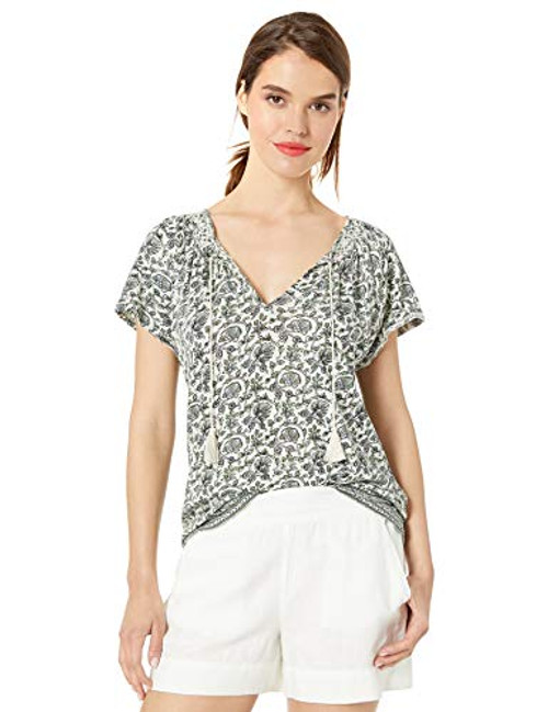 Lucky Brand Womens Border Print Smocked TOP Green Multi S