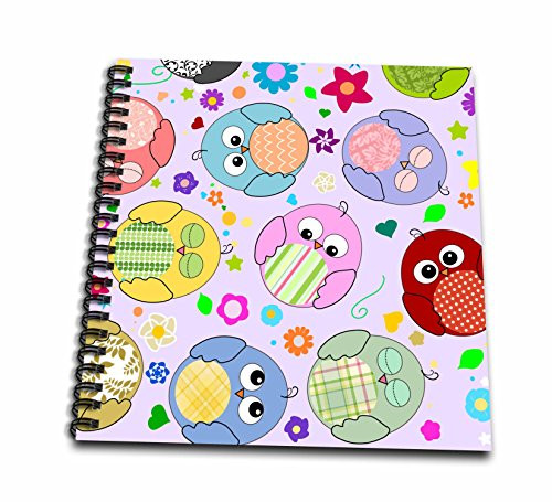 3dRose db582961 Cute Colorful Cartoon Owls with Summery Floral Pattern Multicolored Bird Pattern on Lilac Purple Drawing Book 8 by 8Inch
