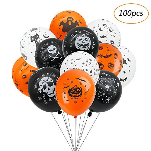 Balloons For Halloween Decoration, 100 Pieces Premium Latex Balloons 12 Inches Halloween Party Skeleton Bat Specter Pumpkin Spider Web Latex Balloons in 12 Types