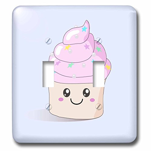 3dRose lsp765632 Cute pink happy Cupcake with stars silver pearls on purple lilac Double Toggle Switch