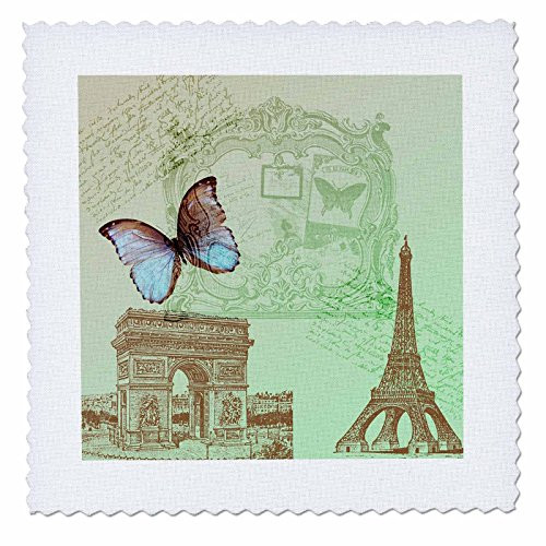3dRose qs791951 Vintage Paris Butterfly Eiffel Tower Quilt Square 10 by 10Inch