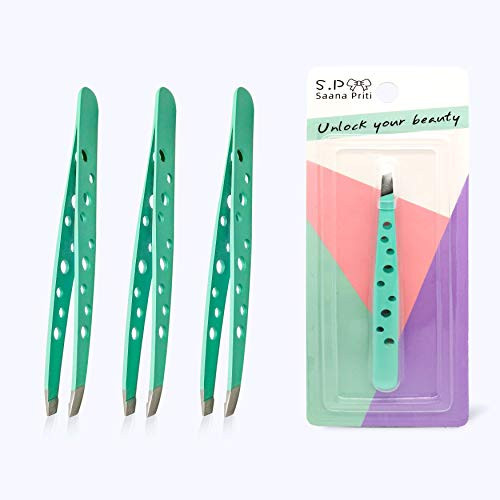 Saana Priti Slant Tweezers for Women Stainless Steel Professional Hair Removal Tweezers Slant Tip Precision for Eyebrows 3 Pack