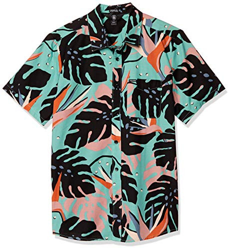 Volcom Mens MENTAWAIS Short Sleeve Button Down Shirt Mysto Green Medium