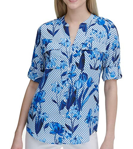 Calvin Klein Womens Striped Floral ButtonDown Top Blue M