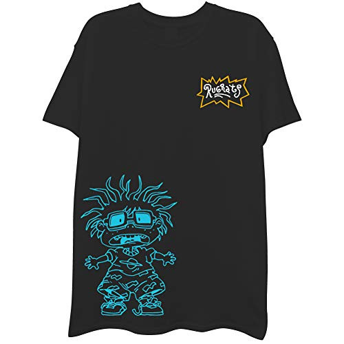 Nickelodeon Mens 90s Classic Shirt  Rugrats Reptar Ren  Stimpy and Hey Arnold Vintage TShirt Black Neon Medium