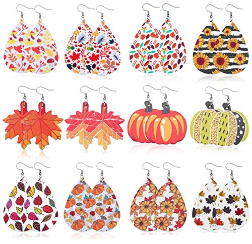 GYSONG Fall Earrings For Women Faux Leather Earrings Sunflower Earrings Halloween Pumpkin Earrings Teardrop Leather Earrings Thanksgiving Dangle Drop Earrings For Women Kids 12 Pairs