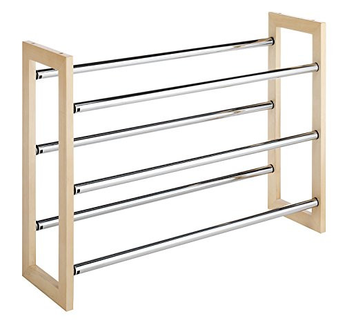 Whitmor 3 Tier Expandable Shoe Rack -Stackable - Natural Wood and Chrome