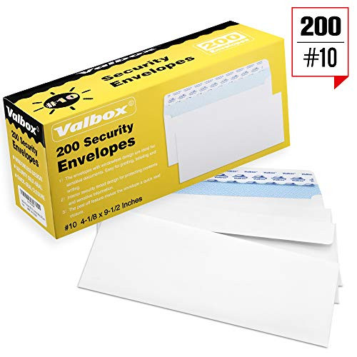 ValBox #10 Self-Seal Security Envelopes, Windowless Design, Security Tint Pattern for Secure Mailing Envelopes, 4-1/8x9-1/2 Inches, White, 200 Count Business Envelopes