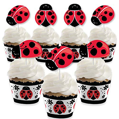 Happy Little Ladybug  Cupcake Decoration  Baby Shower or Birthday Party Cupcake Wrappers and Treat Picks Kit  Set of 24