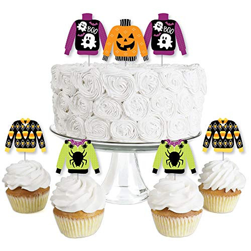 Big Dot of Happiness Halloween Ugly Sweater  Dessert Cupcake Toppers  Halloween Party Clear Treat Picks  Set of 24