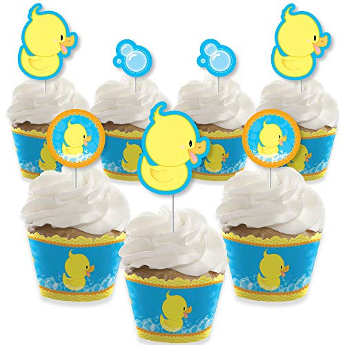 Big Dot of Happiness Ducky Duck  Cupcake Decoration  Baby Shower or Birthday Party Cupcake Wrappers and Treat Picks Kit  Set of 24