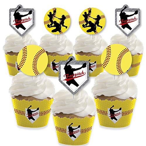 Big Dot of Happiness Grand Slam  Fastpitch Softball  Cupcake Decoration  Birthday Party or Baby Shower Cupcake Wrappers and Treat Picks Kit  Set of 24