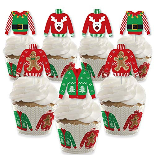 Big Dot of Happiness Ugly Sweater  Cupcake Decoration  Holiday and Christmas Party Cupcake Wrappers and Treat Picks Kit  Set of 24