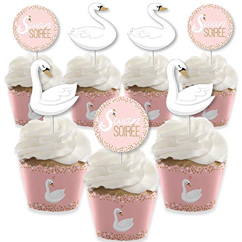 Big Dot of Happiness Swan Soiree  Cupcake Decoration  White Swan Baby Shower or Birthday Party Cupcake Wrappers and Treat Picks Kit  Set of 24