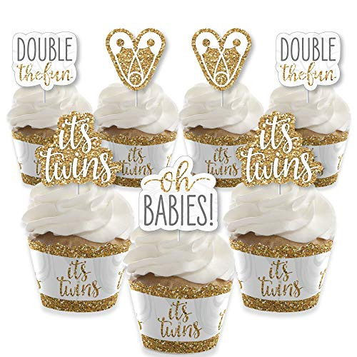 Big Dot of Happiness Its Twins  Cupcake Decoration  Gold Twins Baby Shower Cupcake Wrappers and Treat Picks Kit  Set of 24
