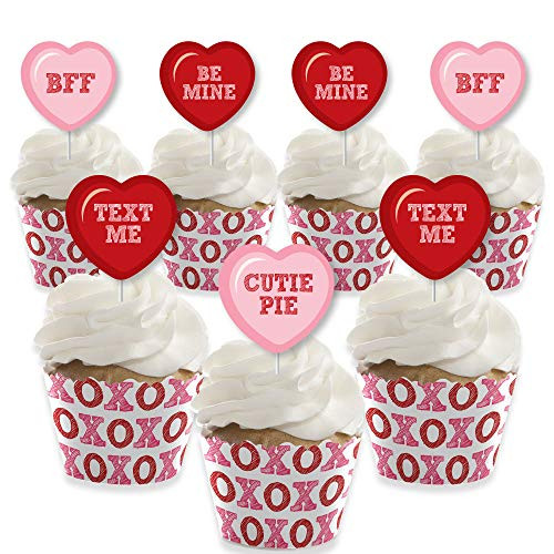 Big Dot of Happiness Conversation Hearts  Cupcake Decoration  Valentines Day Party Cupcake Wrappers and Treat Picks Kit  Set of 24