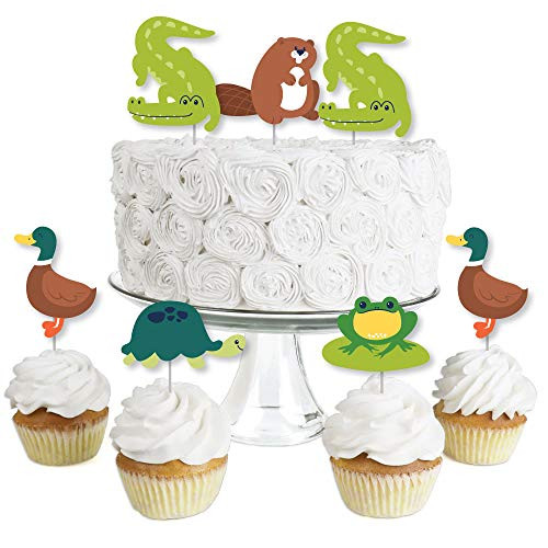 Big Dot of Happiness Pond Pals  Dessert Cupcake Toppers  Frog Alligator Turtle Beaver and Duck Birthday Party or Baby Shower Clear Treat Picks  Set of 24