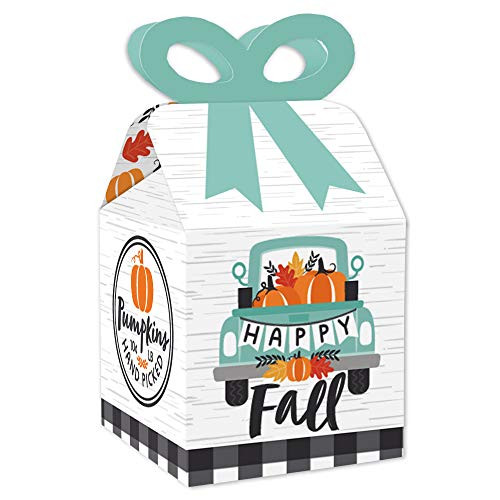 Big Dot of Happiness Happy Fall Truck  Square Favor Gift Boxes  Harvest Pumpkin Party Bow Boxes  Set of 12