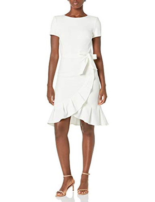 Calvin Klein Womens Ruffle Hem Belted Dress Cream 8