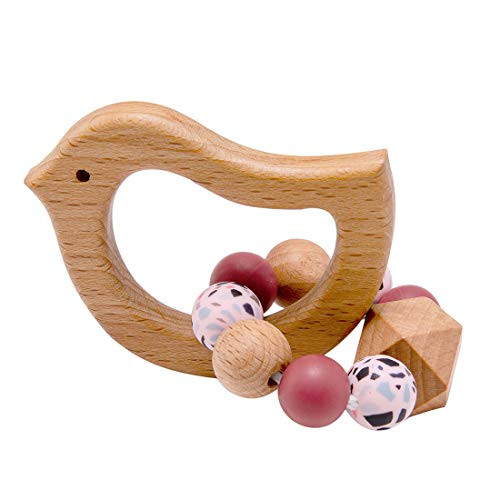 Promise Babe Olive Oil Wood Bird Teether Bracelet Silicone Teething Beads Baby Wooden Toys Montessori Sensory Toys Nursing Wooden Rattles Sensory Toys Shower Gift
